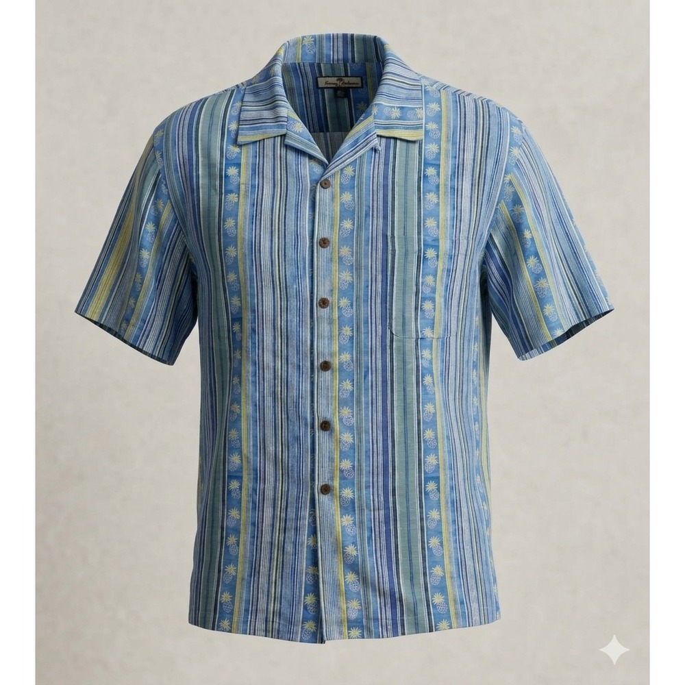 Tommy Bahama Men's Blue, Green, Yellow Stripe Pineapple Hawaiian Shirt. Size 3XL